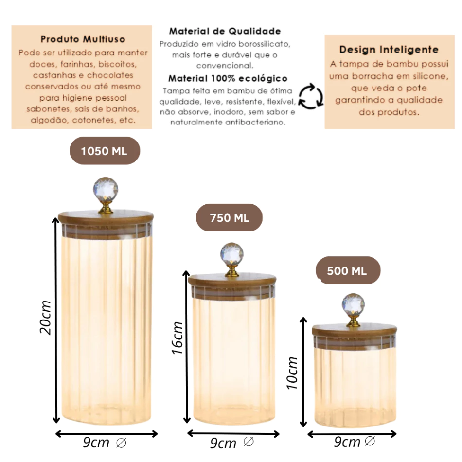 Conjunto Potes de Vidro com Tampa Bambu Cristal Porta Mantimentos Cozinha 3 Peças - Imagem 2