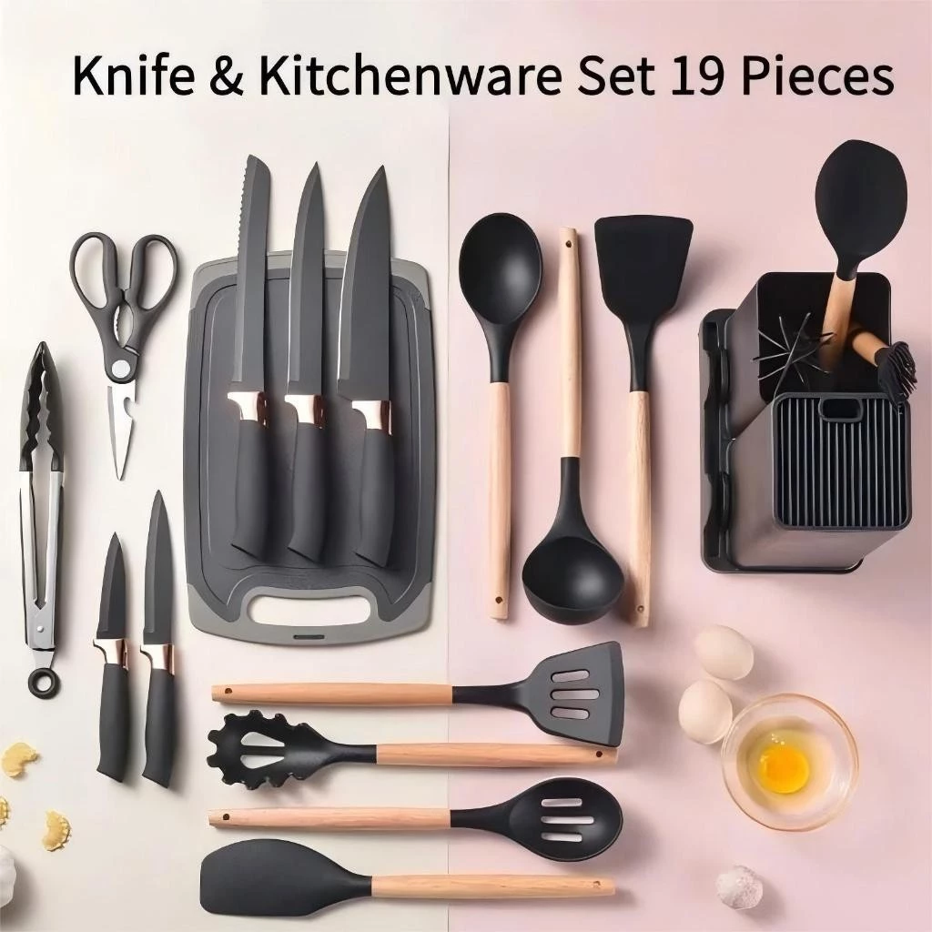 Kit Conjunto 19 Pçs De Utensílios Facas Silicone e Plástico Cozinha Jogo Completo Batedeira Colher Pegador - Imagem 4