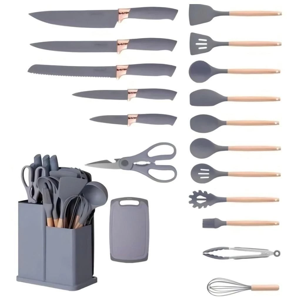 Kit Conjunto 19 Pçs De Utensílios Facas Silicone e Plástico Cozinha Jogo Completo Batedeira Colher Pegador - Imagem 5