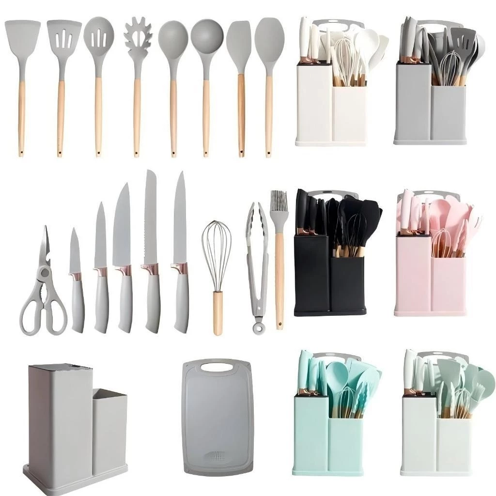 Kit Conjunto 19 Pçs De Utensílios Facas Silicone e Plástico Cozinha Jogo Completo Batedeira Colher Pegador - Imagem 2